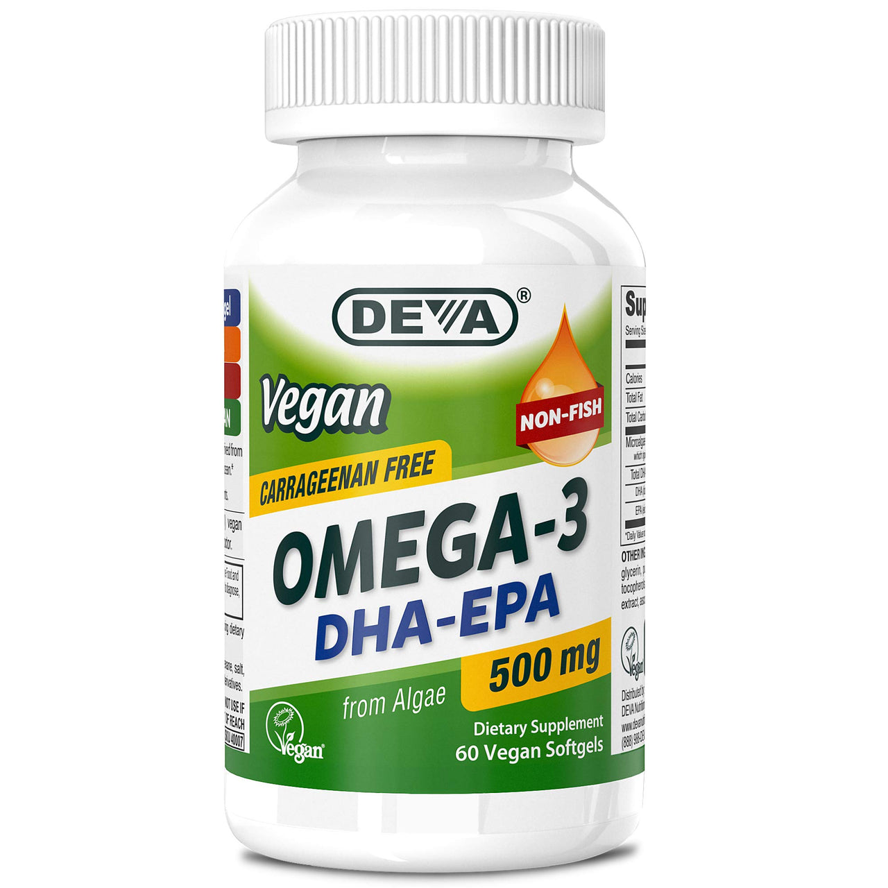 DEVA Vegan Omega-3 DHA-EPA 500MG – No Carrageenan, Non-Fish Oil Derived from Algae, Non-GMO, 60 Gelatin-Free Softgels