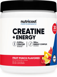 Thumbnail for Nutricost Creatine + Energy 30 Servings (Fruit Punch Flavored) - 5,000mg Creatine Monohydrate + 350mg Energy Complex Per Serving