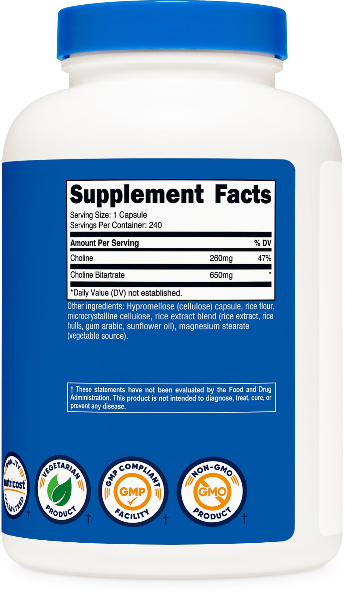 Nutricost Choline Bitartrate 650mg, 240 Vegetarian Capsules - Non-GMO, Vegetarian Friendly, Gluten Free