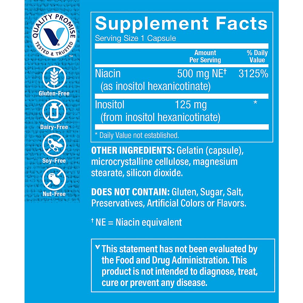 The Vitamin Shoppe No Flush Niacin 500mg - Cholesterol & Cardiovascular Support | Inositol Hexanicotinate | 300 Capsules | Flush-Free