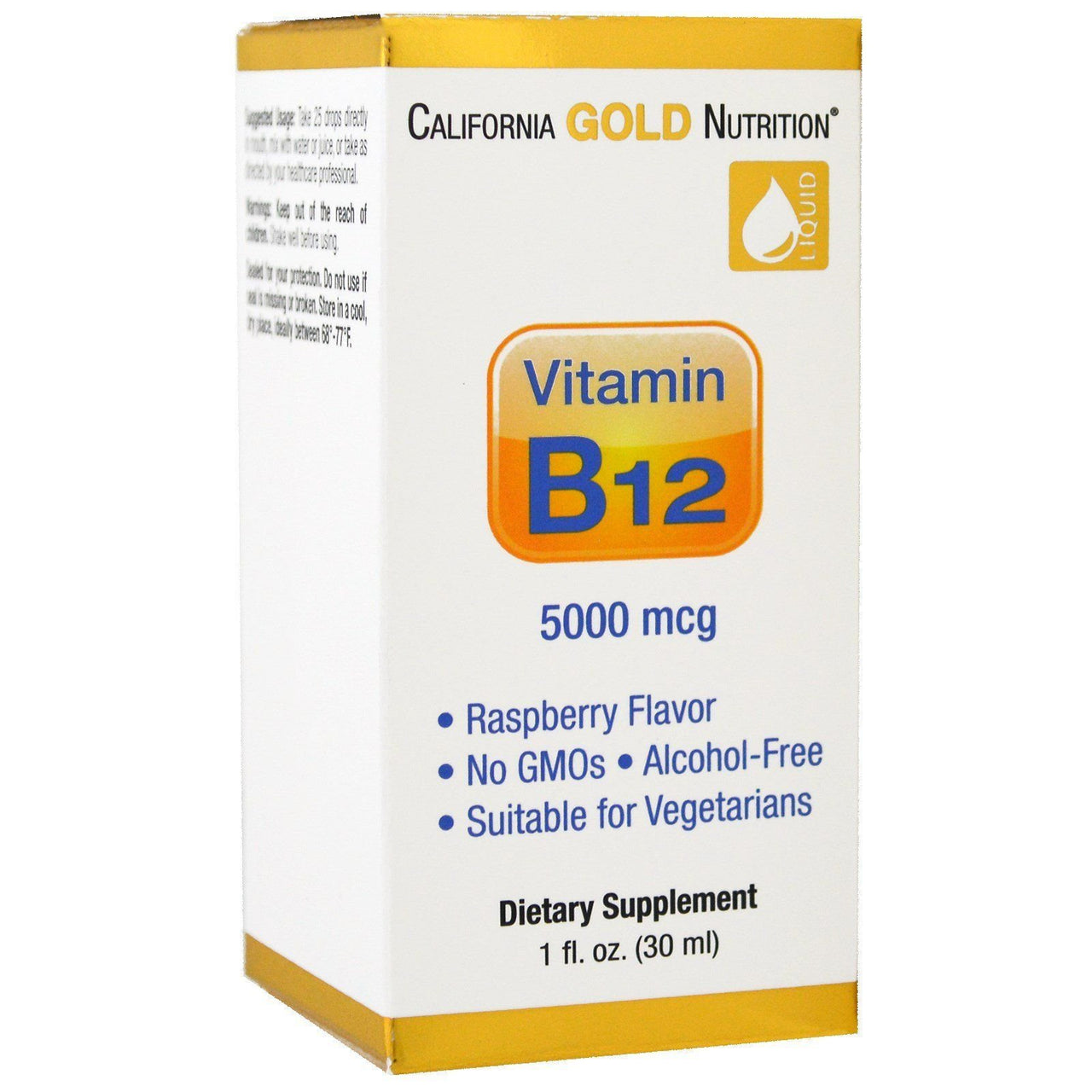 California Gold Nutrition, Vitamin B12 Drops, Alcohol Free, Raspberry Flavor, Non-GMO, 5000 mcg, 1 fl oz (30 ml)