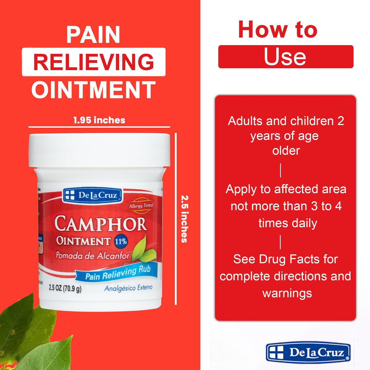 De La Cruz Cream - Maximum Strength Muscle and Joint Camphor Ointment to Reduce Pain 11% (2.5 oz (Pack of 2))