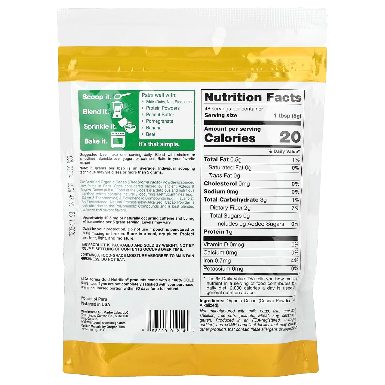 California Gold Nutrition Superfoods, Organic Cacao Powder, 8.5 oz (240 g)