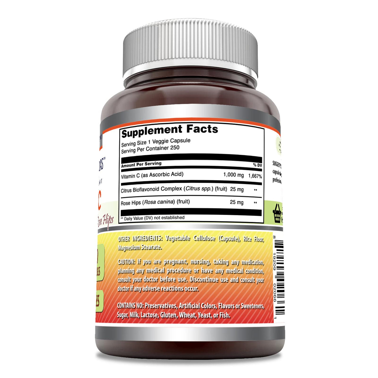 Amazing Formulas Vitamin C with Rose Hips & Citrus Bioflavonoids | 1000 Mg per Serving Supplement | 250 Veggie Capsules | Non-GMO | Gluten-Free | Made in USA