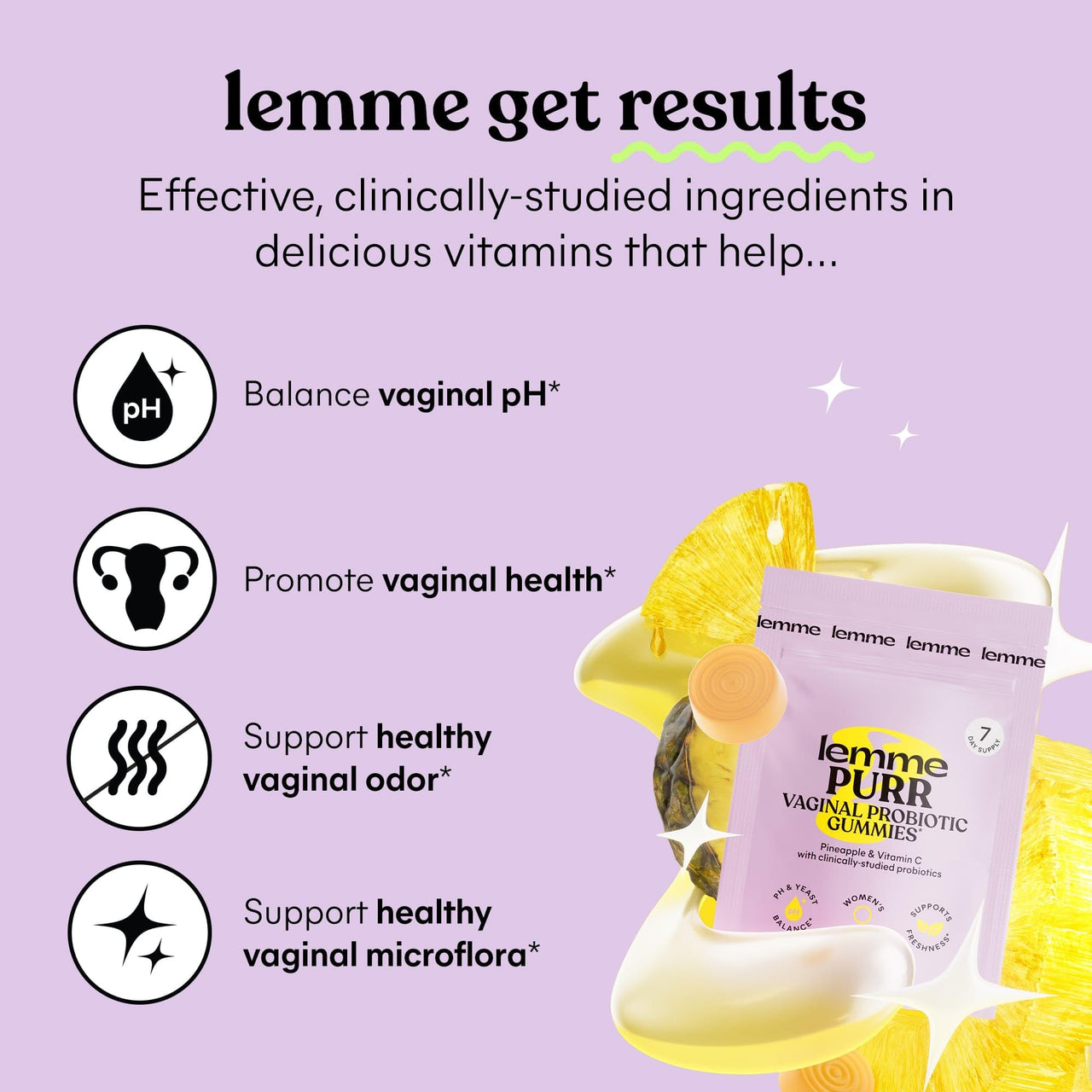 Lemme Sleep, Debloat & Purr Variety Sampler Pack | Melatonin & Magnesium for Sleep | Probiotics & Prebiotics for Bloating | Vaginal Probiotic & Pineapple Gummies - Gluten-Free, Non-GMO - 14ct