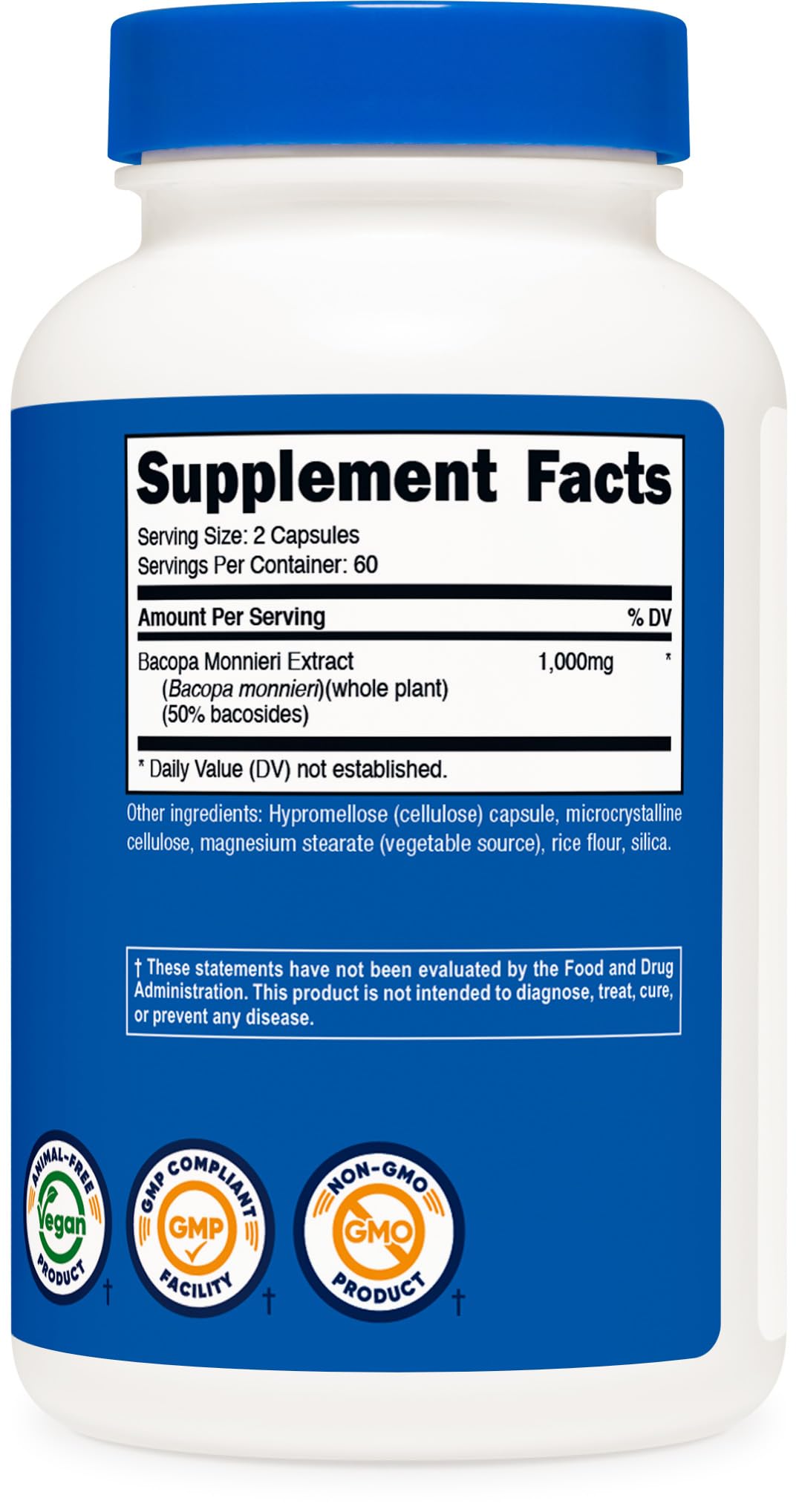 Nutricost Bacopa Monnieri 1,000mg, 120 Capsules (60 Servings) - Non-GMO, Gluten Free, and Vegetarian Friendly