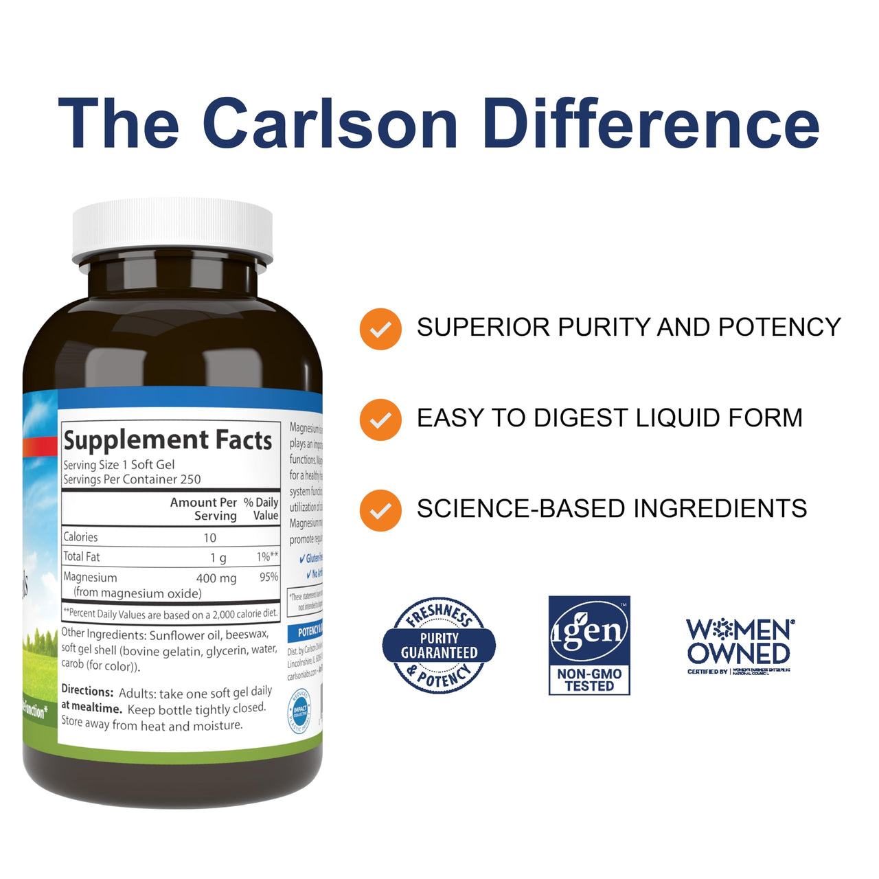 Carlson - Magnesium Gels, 400 mg of Magnesium per Softgel, Heart & Muscle Support, Magnesium Gel Caps, Bowel Function, Magnesium Supplement, 250 Softgels