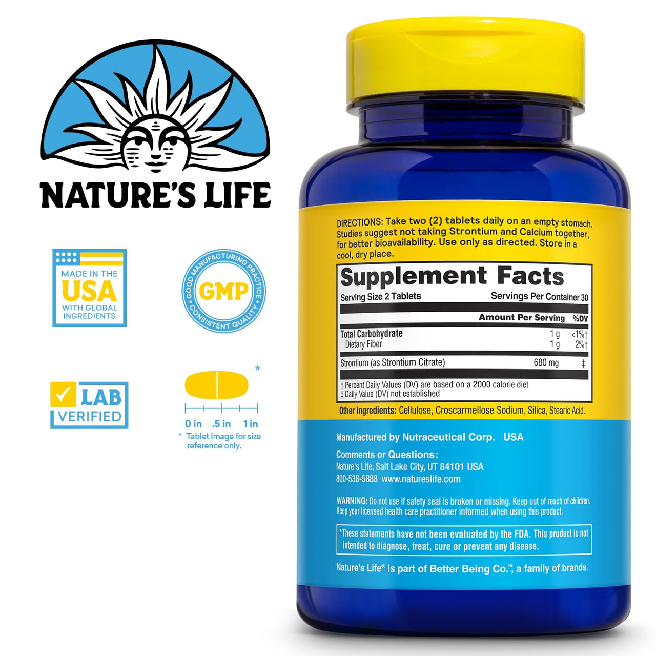 Nature's Life Strontium Citrate 680 mg Supplement for Men & Women - Trace Mineral Support for Bone Health, High Absorption Formula, Gentle Digestion - 60 Vegetarian Tablets