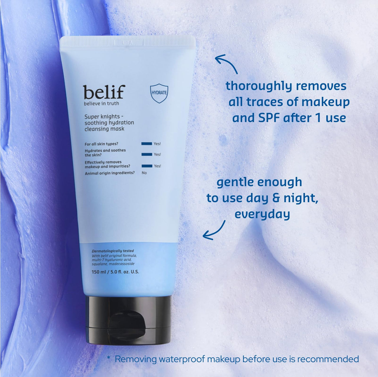 belif Super Knights - Soothing Hydration Cleansing Mask, 3-in-1 Facial Mask & Cleanser with Hyaluronic Acid, Squalane, Madecassoside | For Dry and Sensitive Skin | Korean Skincare (5.0 fl. oz)