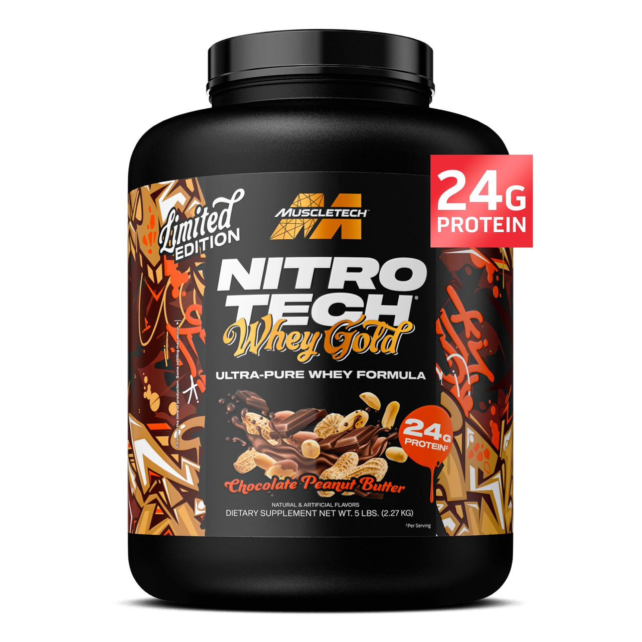 Muscletech Whey Protein Powder (Chocolate Peanut Butter, 5LB) - Nitro-Tech Whey Protein Isolate Smoothie Mix for Lean Muscle & Fast Recovery - 24g of Whey Gold Protein for Women & Men - Gluten-Free