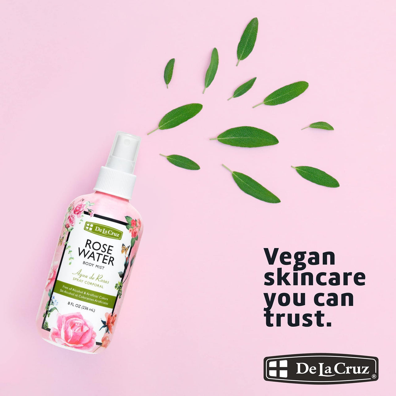 De La Cruz Rose Water Body Mist Bundle – 8 fl oz Spray & 16 fl oz Refill – Refreshing Rose Water Spray for Face, Skin, and Hair – Soothing Aroma & Hydration Pair