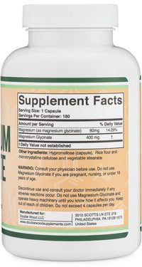 Thumbnail for Magnesium Glycinate 400mg | 180 Capsules | Sleep, Muscle, & Heart Support | Vegan, Third Party Tested, Gluten Free, Non-GMO, by Double Wood Supplements