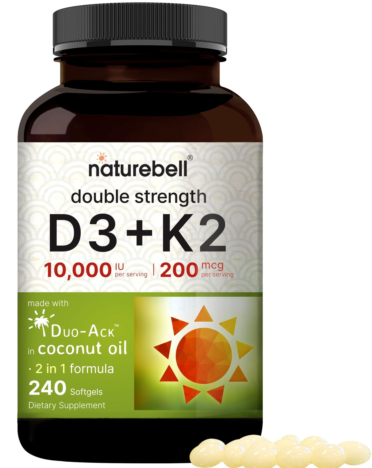 NatureBell Vitamin D3 K2 (10,000 IU Vitamin D + 200mcg Vitamin K MK-7) 240 Softgels with Coconut Oil for Complete Absorption | Bone, Heart, Immune, & Calcium Support | One a Day, Non-GMO