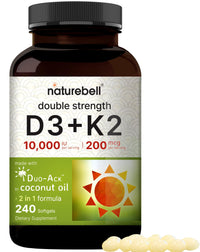 Thumbnail for NatureBell Vitamin D3 K2 (10,000 IU Vitamin D + 200mcg Vitamin K MK-7) 240 Softgels with Coconut Oil for Complete Absorption | Bone, Heart, Immune, & Calcium Support | One a Day, Non-GMO
