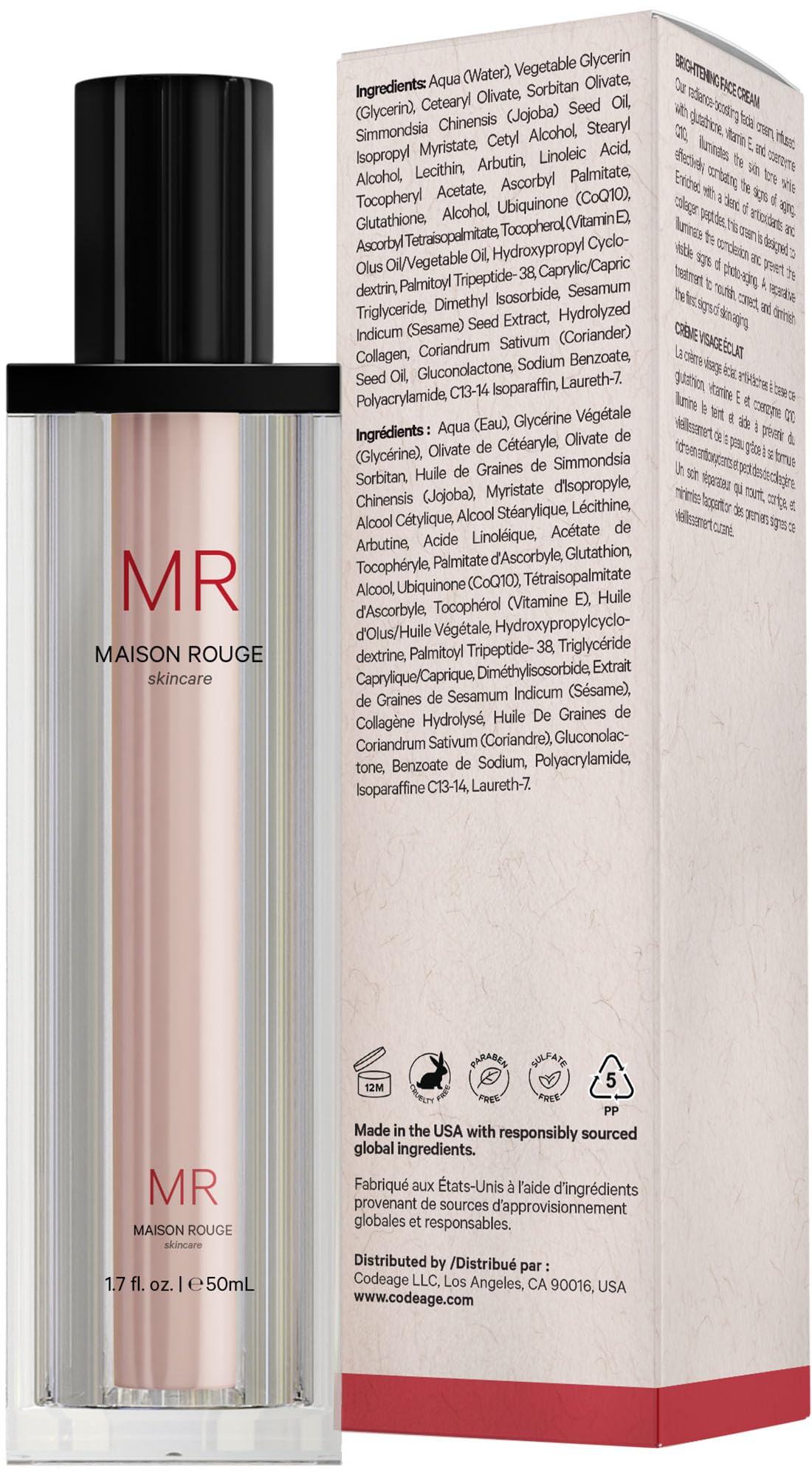 Codeage Maison Rouge Brightening Face Cream Glutathione Cream, Collagen Peptides, Vitamin E, CoQ10 – Radiance & Antioxidant Complex – Refillable – Paraben- Free – All Skin Types – 1.7 fl oz