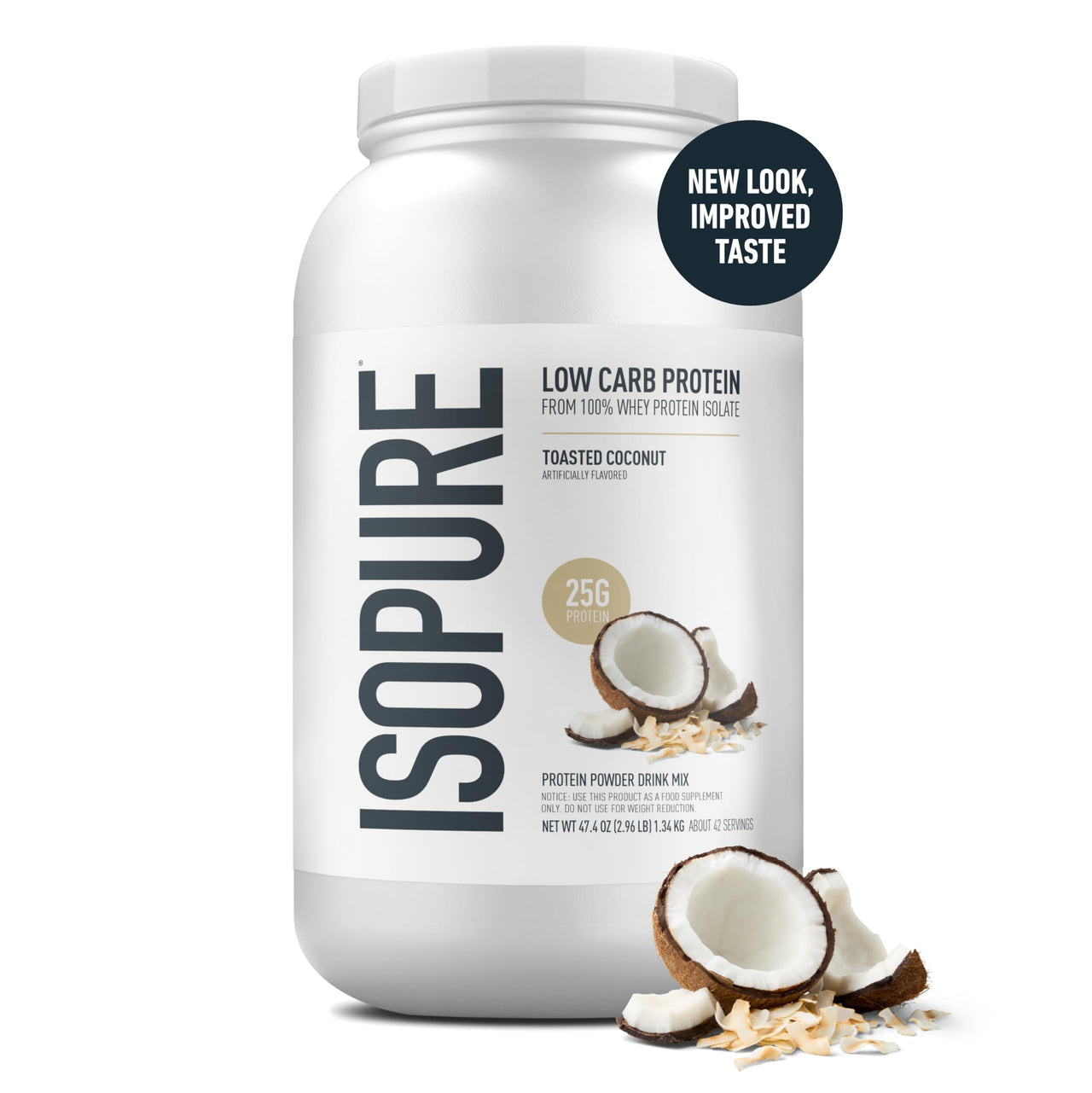 Isopure Low Carb 100% Pure Whey Isolate Protein Powder, Gluten Free, With Vitamins, Toasted Coconut, 25g Protein Per Serving, 3 Lbs, 42 Servings (Packaging May Vary)