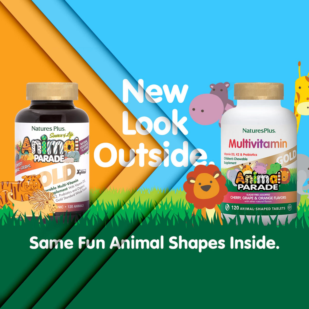 NaturesPlus Animal Parade Gold Children's Multivitamin - Assorted Cherry, Orange & Grape Flavors - 120 Chewable Animal-Shaped Tablets - Vegetarian, Gluten Free - 60 Servings