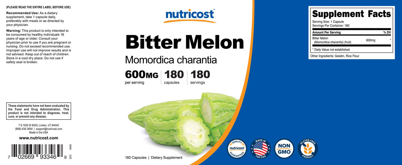 Nutricost Bitter Melon 2,400mg Equivalent from 600mg of 4:1 Extract Per Serving, 180 Capsules for 180 Servings Per Bottle - Momordica Charantia, Vegan, Gluten Free and GMO Free