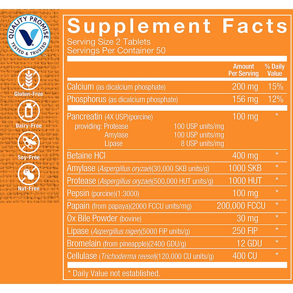 The Vitamin Shoppe Digestive Enzymes - Complete Multi-Enzyme Formula | Protein Fat Carb Digestion | 100 Tablets | Plant-Based