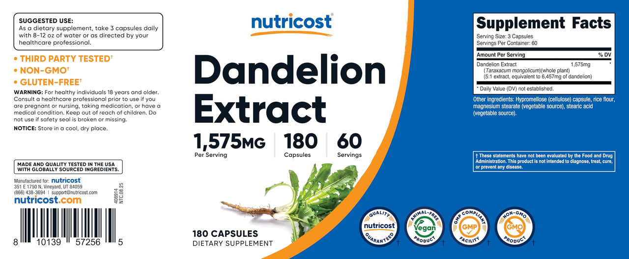 Nutricost Dandelion Extract 180 Capsules for 60 Servings Per Bottle - Vegan, GMO Free and Gluten Free
