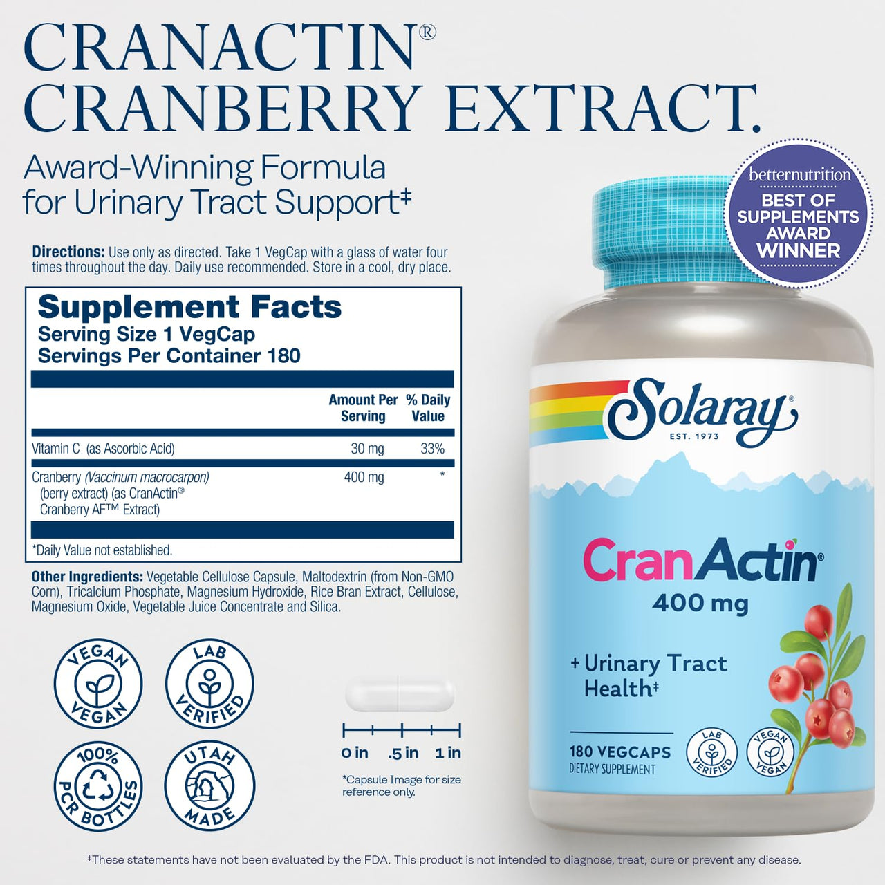 Solaray Cranactin Cranberry AF Extract Capsules, 400 mg, 180 Count