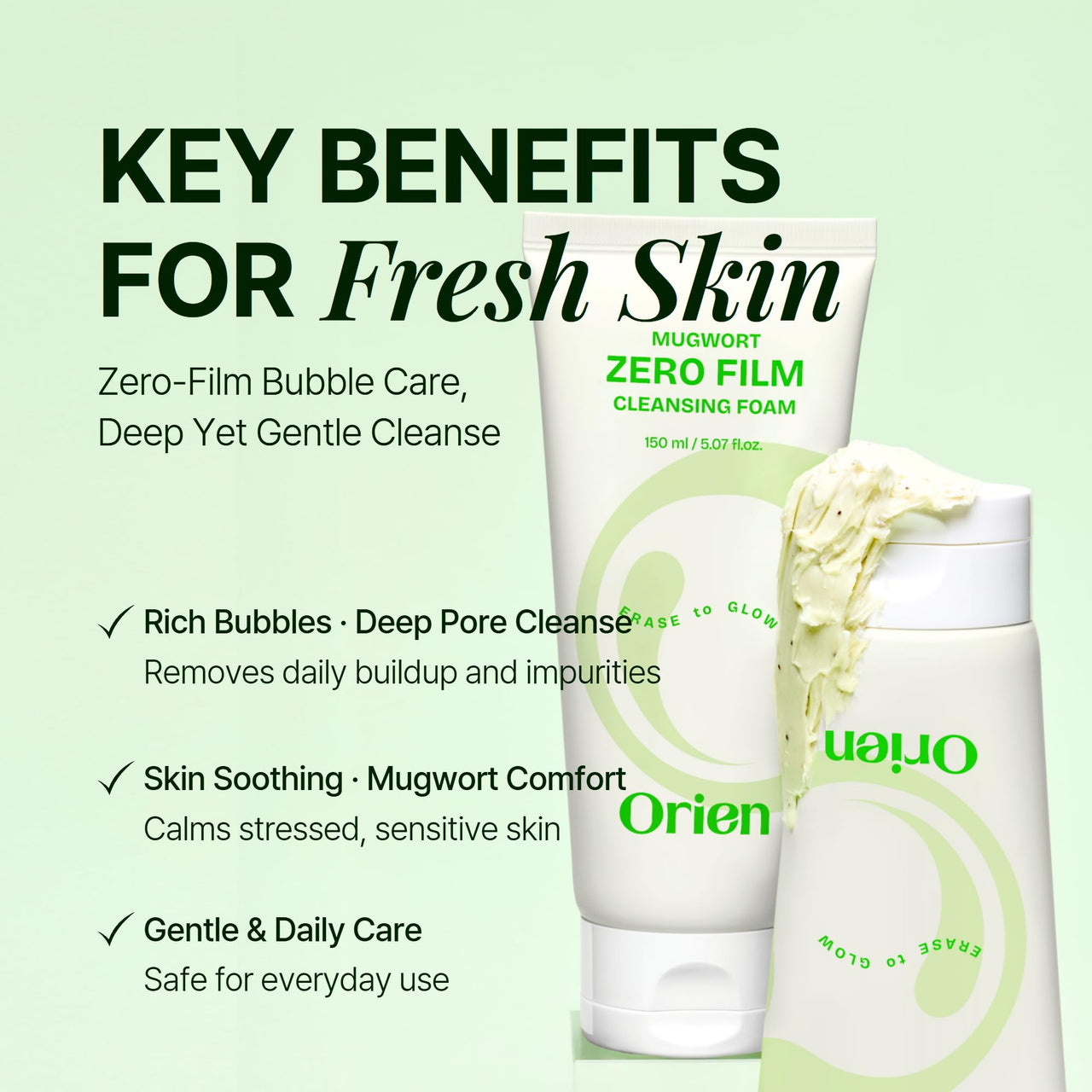Orien Mugwort Zero Film Cleansing Foam 5.07 fl.oz, 150ml ㅣDaily Makeup Blackhead Removal No pore clogging Korean skincare double cleansing