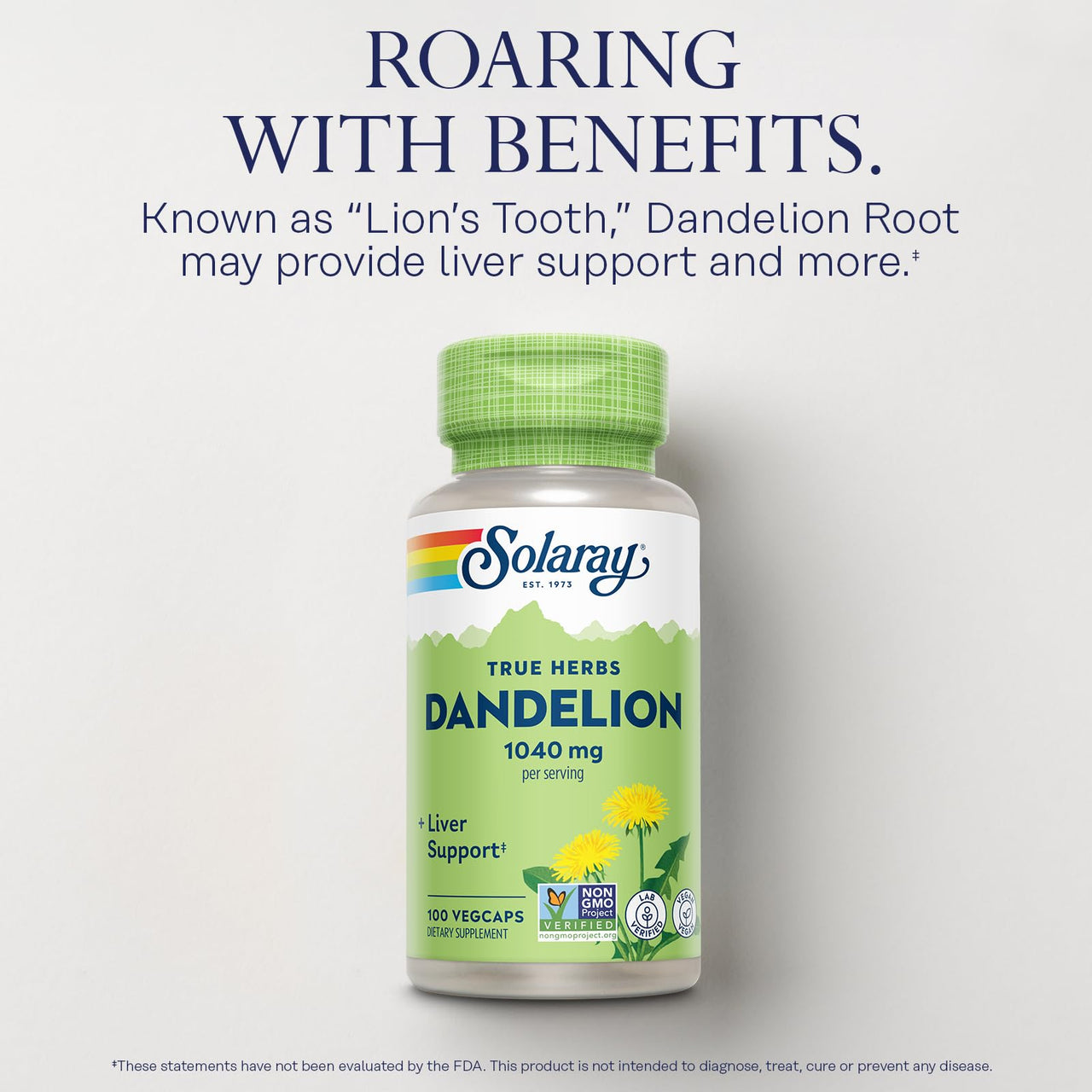 SOLARAY Dandelion Root Supplement - Healthy Kidney and Liver Support - 1,040 mg per Serving - Vegan, Lab Verified, 60-Day Guarantee - 50 Servings, 100 VegCaps