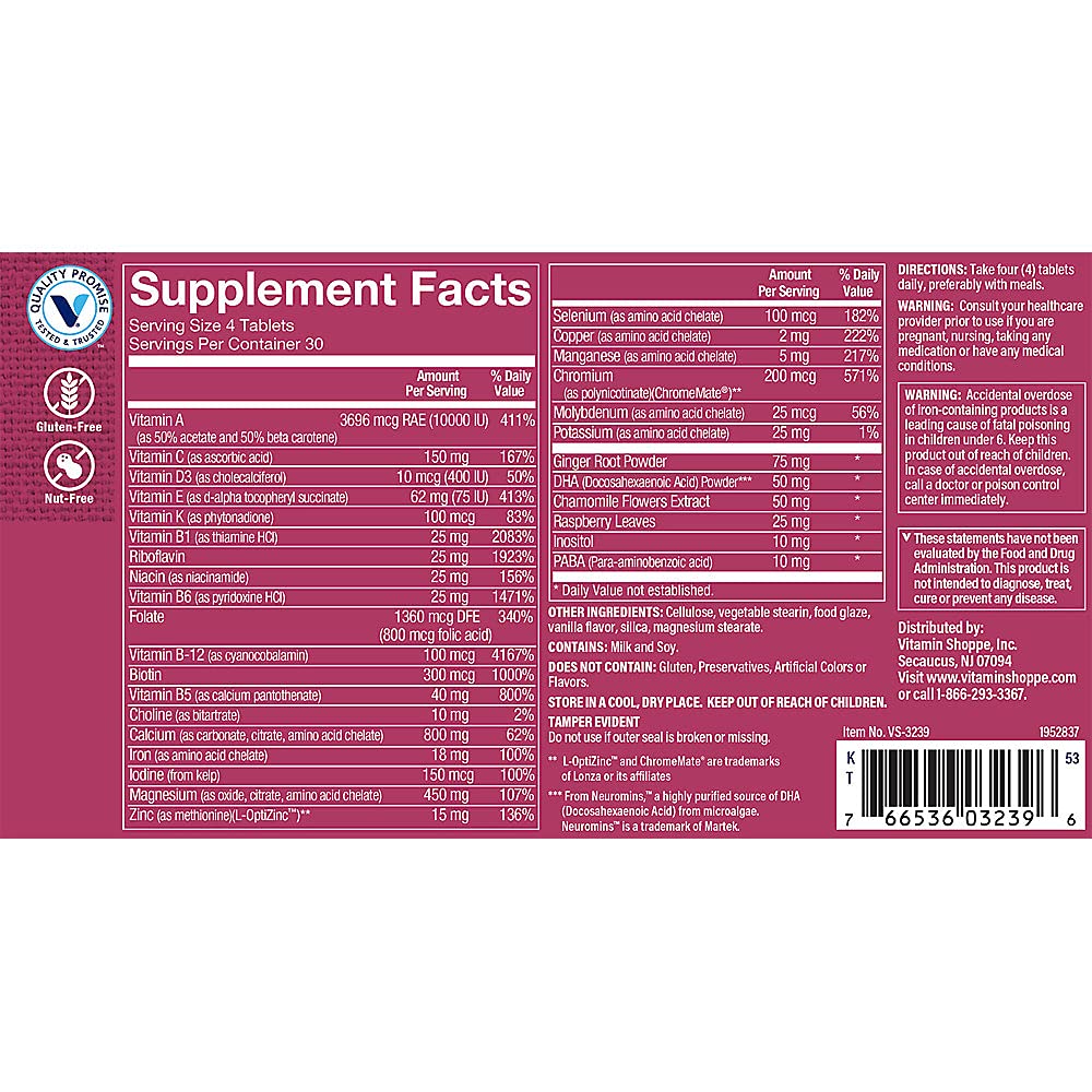 The Vitamin Shoppe Prenatal + DHA Multivitamin, Supports A Healthy Pregnancy & Fetal Development (120 Tablets)