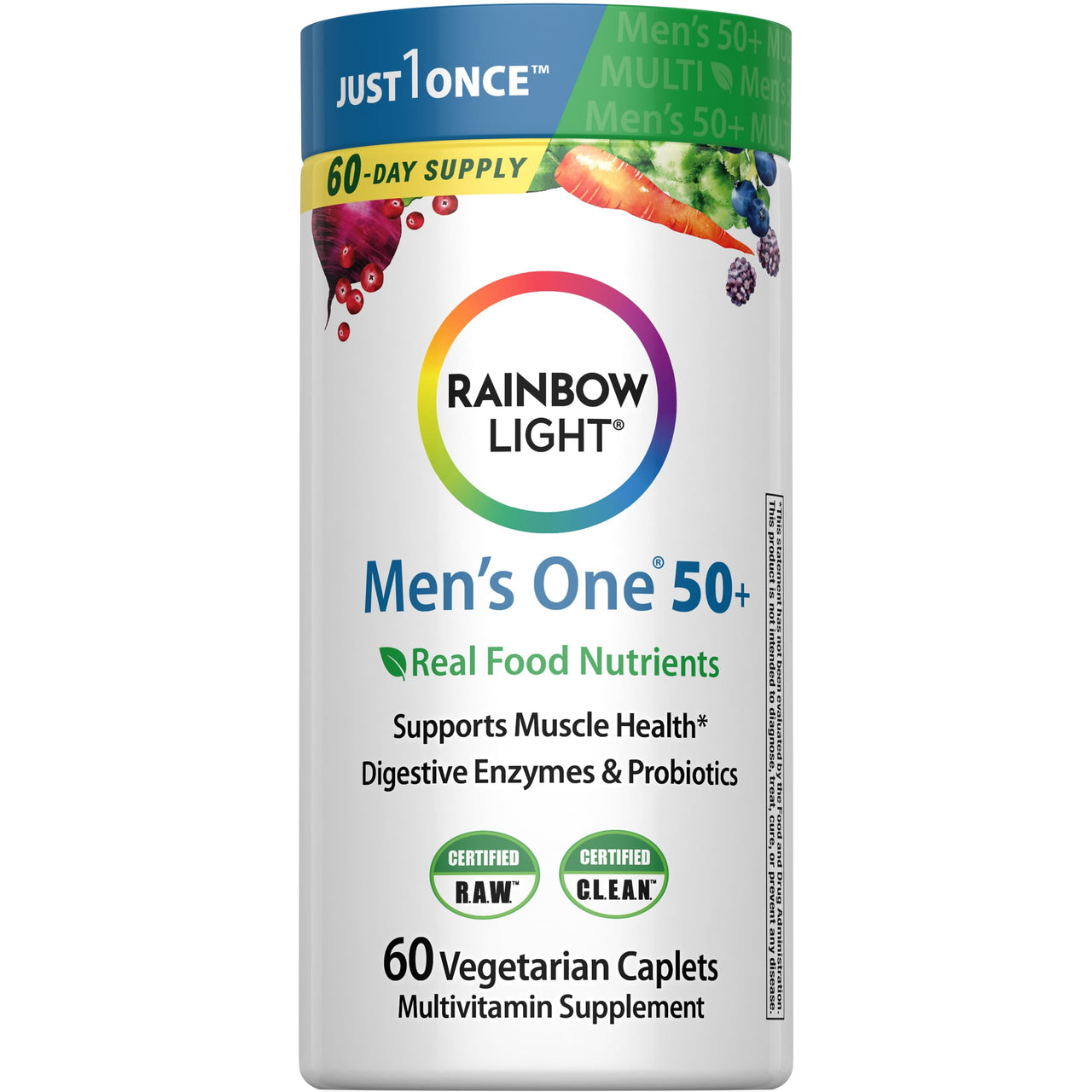 Rainbow Light Mens Multivitamin One + for 50 Plus | 60 Caplets | Supports Muscle Health | with Vitamins C, D, and Zinc | Real Food Nutrients, Digestive Enzymes & Probiotics
