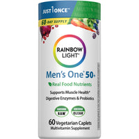 Thumbnail for Rainbow Light Mens Multivitamin One + for 50 Plus | 60 Caplets | Supports Muscle Health | with Vitamins C, D, and Zinc | Real Food Nutrients, Digestive Enzymes & Probiotics