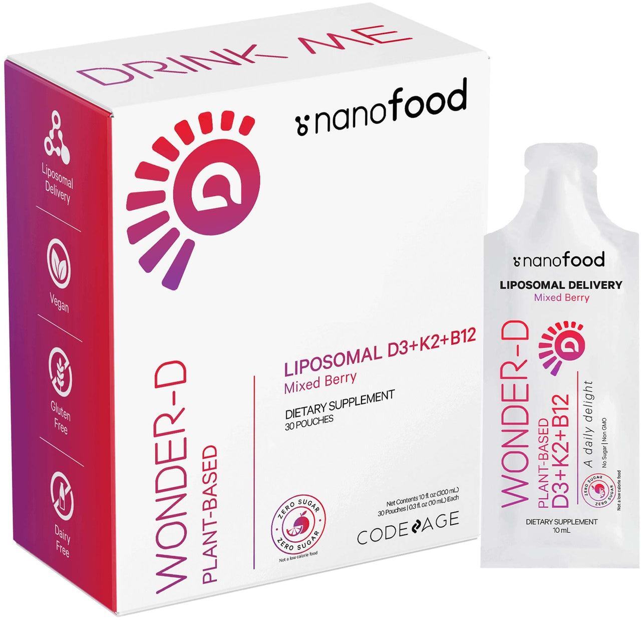 Codeage Liposomal Vitamin D3 Liquid Supplement Sachet, Wonder-D Cholecalciferol Vegan Liquid Multivitamin, Plant-Based Vitamins K2 B12, Non-GMO Phospholipids, Vitamin E, Berry Flavor - 30 Pouches