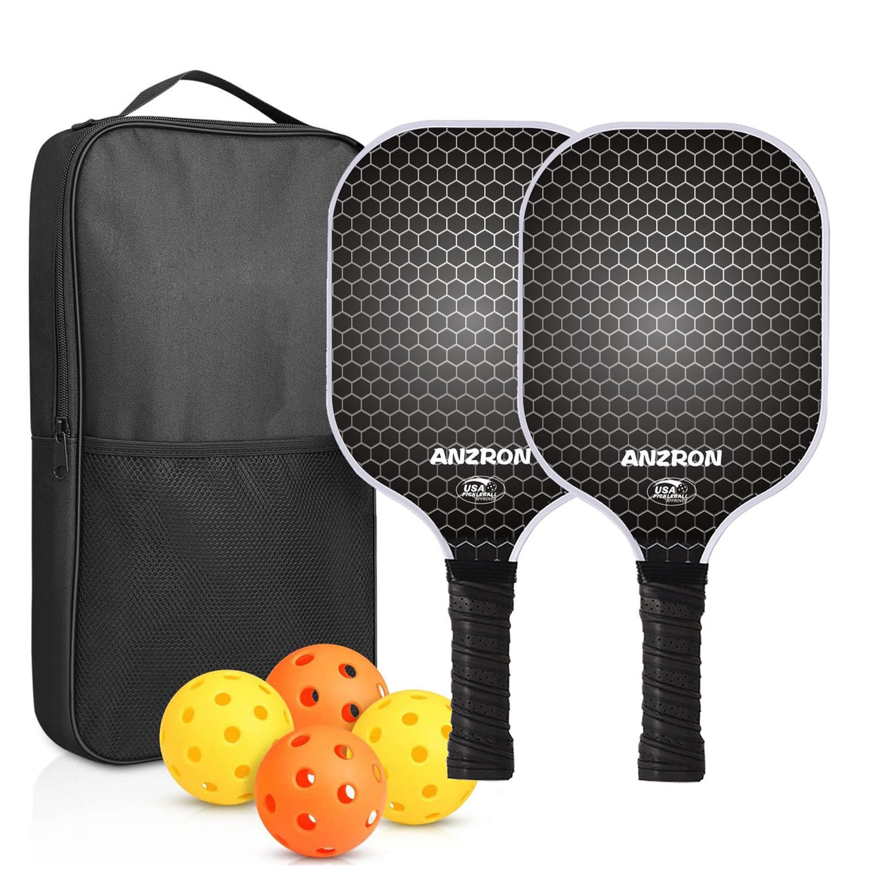 Beginner Pickleball Paddles Set of 2, 0.63” Fiberglass Pickleball Rackets with 4 Balls & Carry Bag, Lightweight Paddle Set for Men, Women & Youth