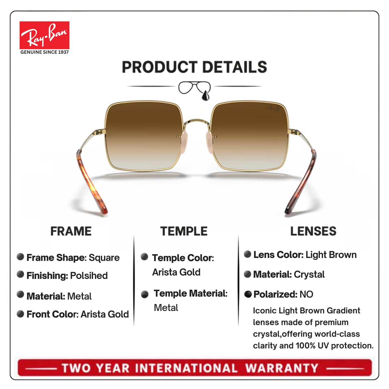 Ray-Ban RB1971 SQUARE 1971 CLASSIC Square Shaped Non-Polarized Sunglasses for Women – Includes Official RAYBAN Eyewear Kit – Ideal Formal & Casual Wear Sunglasses – Light Brown Gradient Lens