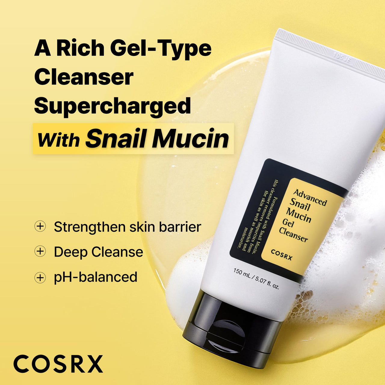 COSRX Advanced Snail Mucin Gel Cleanser, 5.07 Fl Oz / 150 mL, Rich Daily Deep Cleansing Gel Cleanser for Dull, Dry & Sensitive Skin, Korean Skin Care, Korean Face Wash