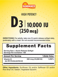 Thumbnail for Sundance Vitamin D3 10,000 IU (250 mcg) | 100 Softgels | High Potency Formula | Non-GMO and Gluten Free Supplement