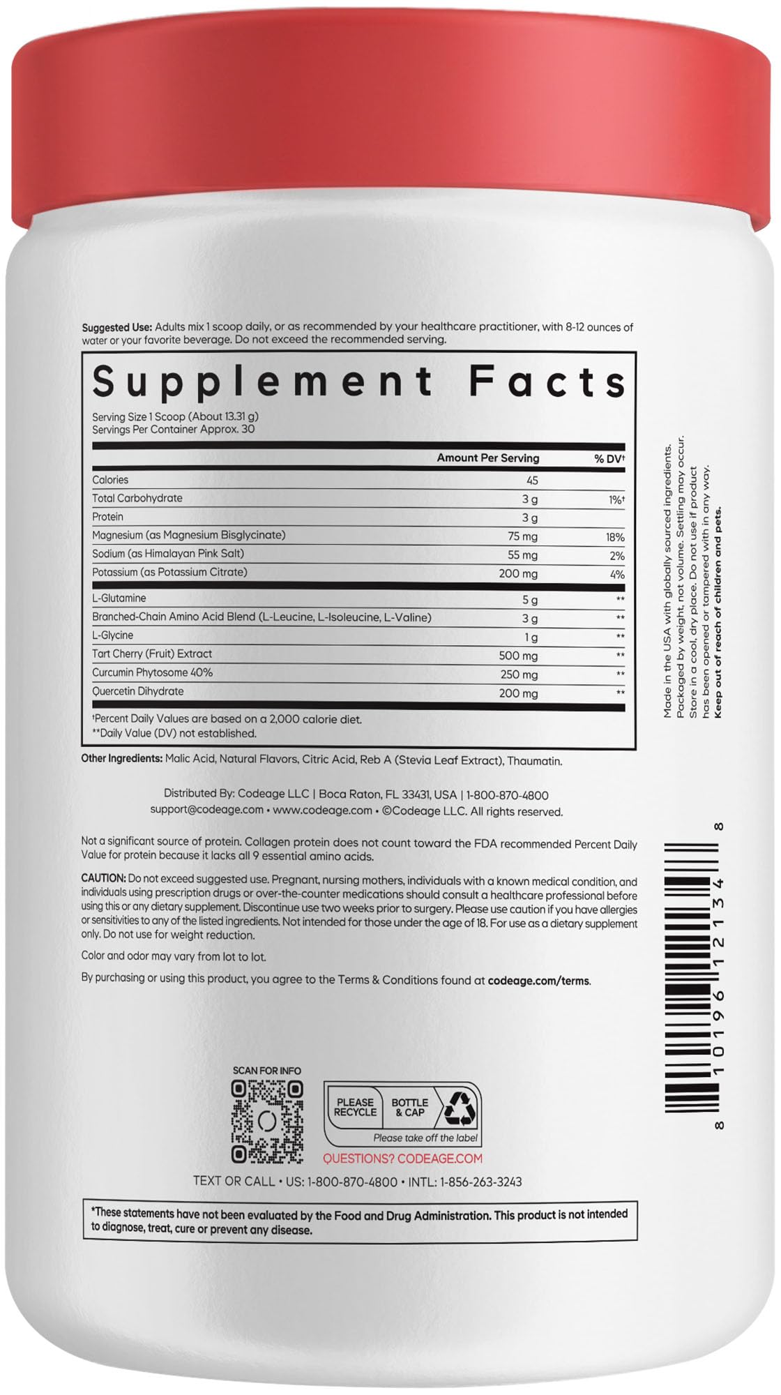 Codeage Post-Workout Recovery Elite Max - BCAA, L-Glutamine, Tart Cherry, Curcumin, Quercetin, Magnesium, Potassium - Muscle Recovery Post Workout Supplement Powder - Tropical Mango Flavor - 14 oz