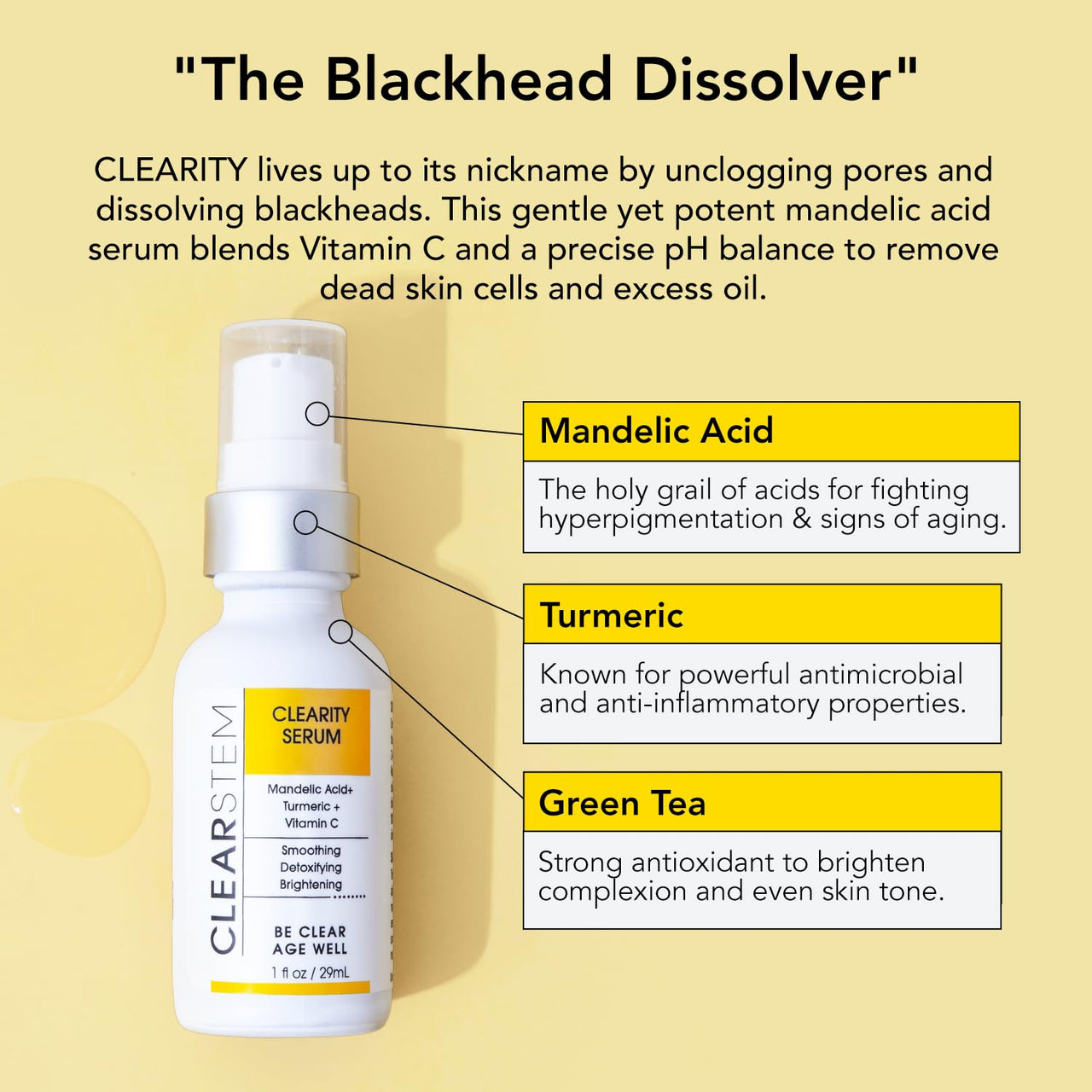 CLEARSTEM - CLEARITY The Blackhead Dissolver Mandelic Acid Serum - Vitamin C, Turmeric, Collagen Boost - All Skin Types - Facial Skin Care Products - Vegan, Gluten Free, Cruelty Free - 1 fl oz / 29ml