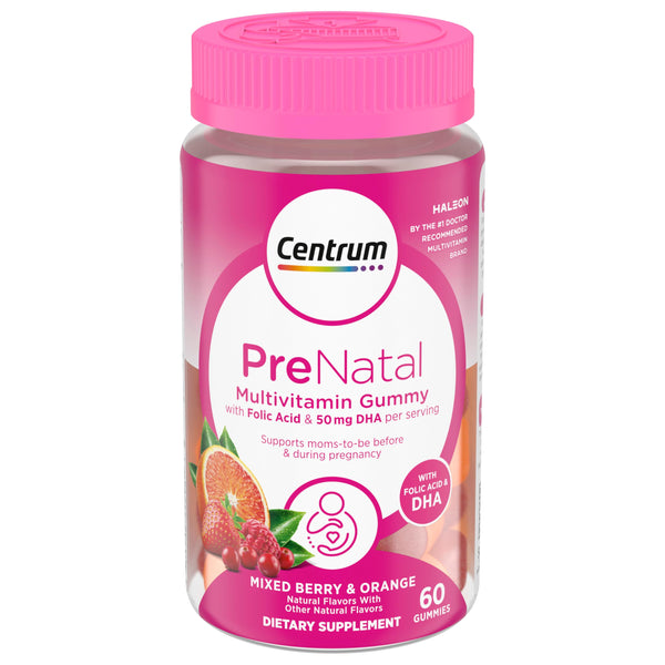 Centrum Prenatal Multivitamin Gummies with DHA and Folic Acid, Mixed Berry and Orange Flavors - 60 Count, 30 Day Supply