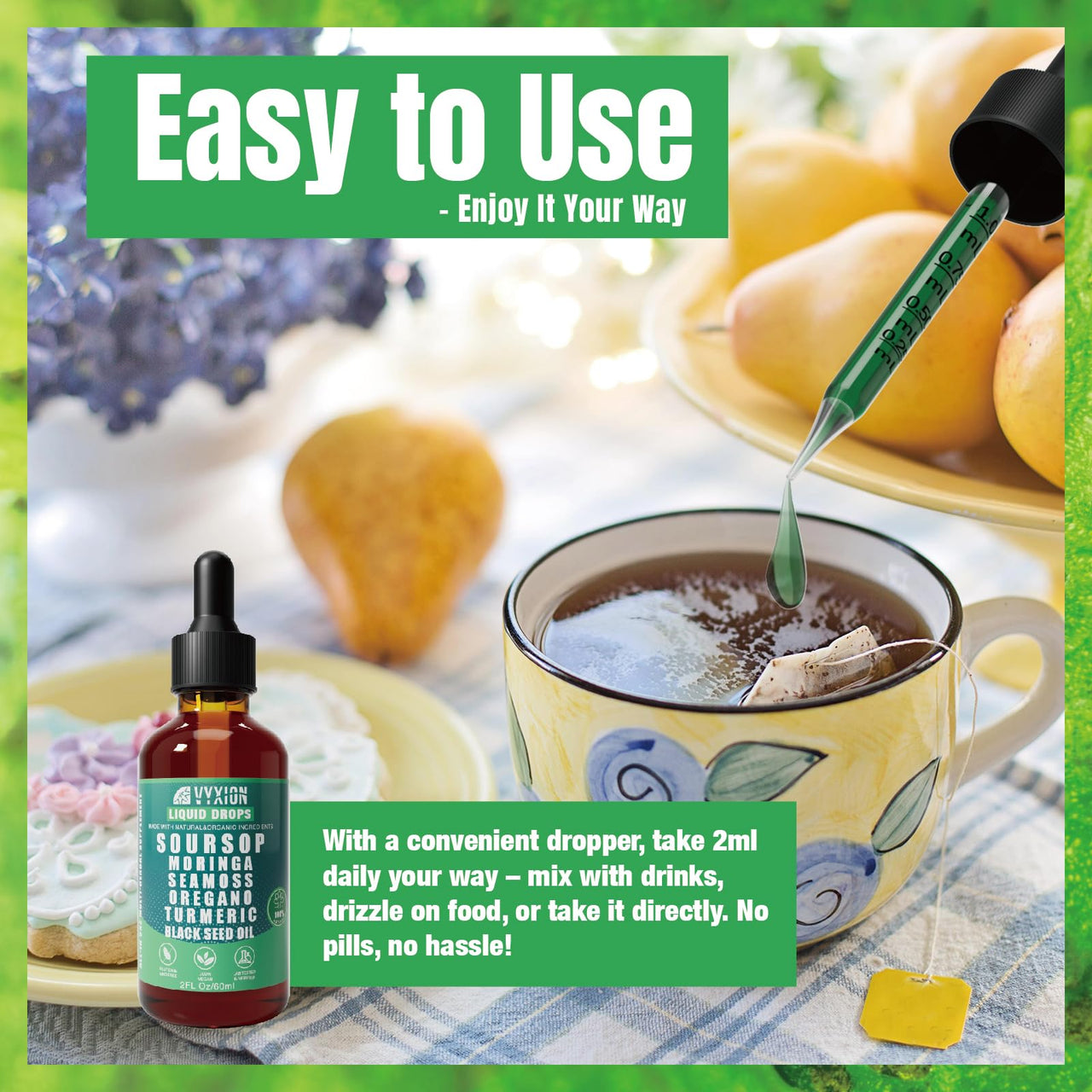 Soursop Bitters Liquid Drops 10 in 1 with Sea Moss, Moringa, Turmeric, Black Seed Oil, Oregano, Ashwagandha | Herbal Extracts for Overall Health-Enhancing | Vegan, Non-GMO | 2 Fl Oz