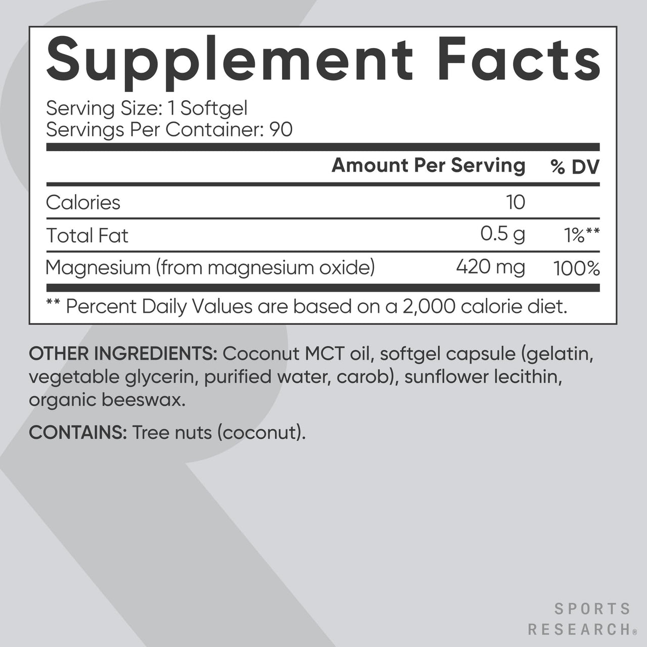 Sports Research® Magnesium Oxide 420mg with Coconut MCT Oil - Magnesium Supplement for Muscle, Nerve, and Bone Support* - Gluten-Free, Non-GMO - 90 Softgels