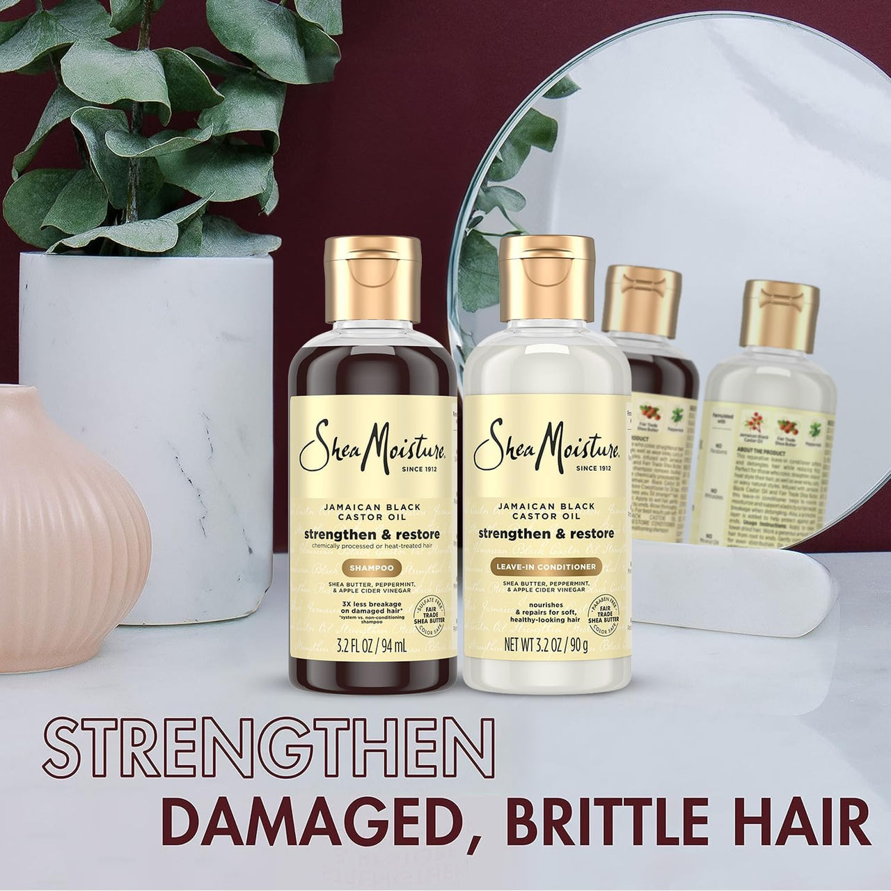 SheaMoisture Travel Essentials, Jamaican Black Castor Oil Strengthen & Restore Shampoo and Leave-in Conditioner Set, 3.2 Oz Each