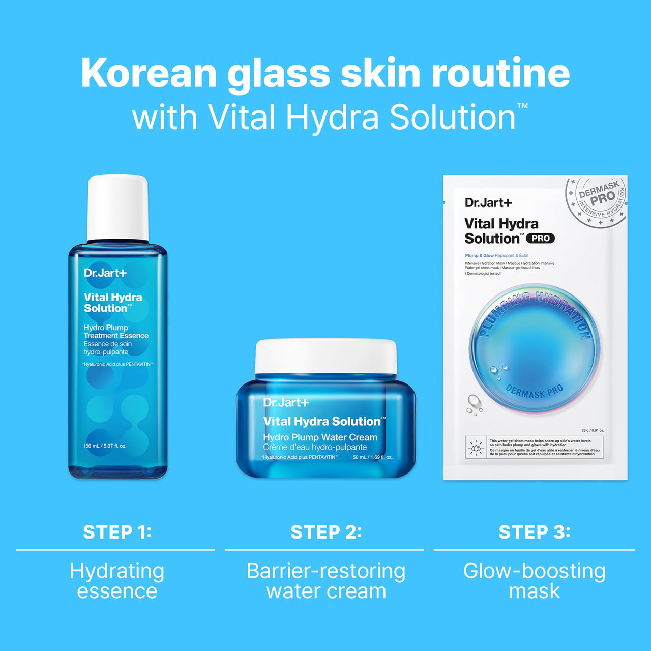 Dr.Jart+ Dermask Vital Hydra Solution Glow Korean Face Mask with Hyaluronic Acid for Glass Skin | Sheet Mask | Korean Skin Care | Travel Size, 1 Pack