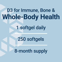 Thumbnail for Life Extension Vitamin D3 25 mcg (1000 IU), Immune System Support, Bone Health, Whole-Body Health, Value Size, Gluten-Free, Non-GMO, 250 softgels