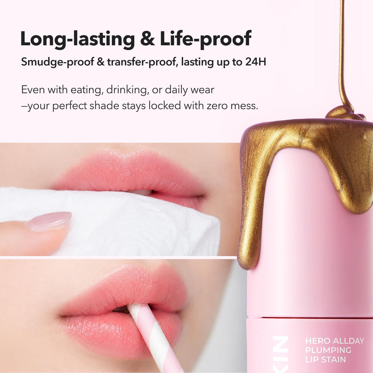 APRILSKIN Hero All Day Plumping Lip Stain | 24H Long-Lasting | Quick Visible Plumping for Fuller-Looking Lips | Smudge-Proof & Transfer Proof Wipe-Off Tint | Natural Rose | 0.14oz