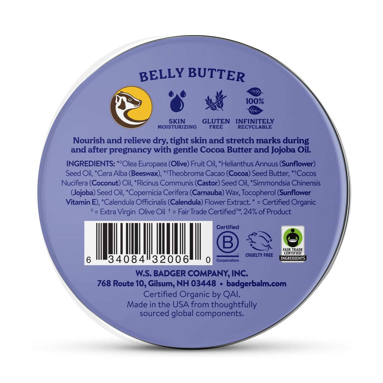 Badger Belly Butter, Organic Stretch Mark Cream for Pregnant Belly, Rich Hypoallergenic Moisturizing Organic Cocoa Butter & Coconut Body Butter for Women, 2 oz Tin, 2-Pack