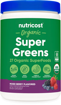 Thumbnail for Nutricost Organic Super Greens Powder (30 Servings) Mixed Berry Flavor - Superfood Supplement Drink Mix