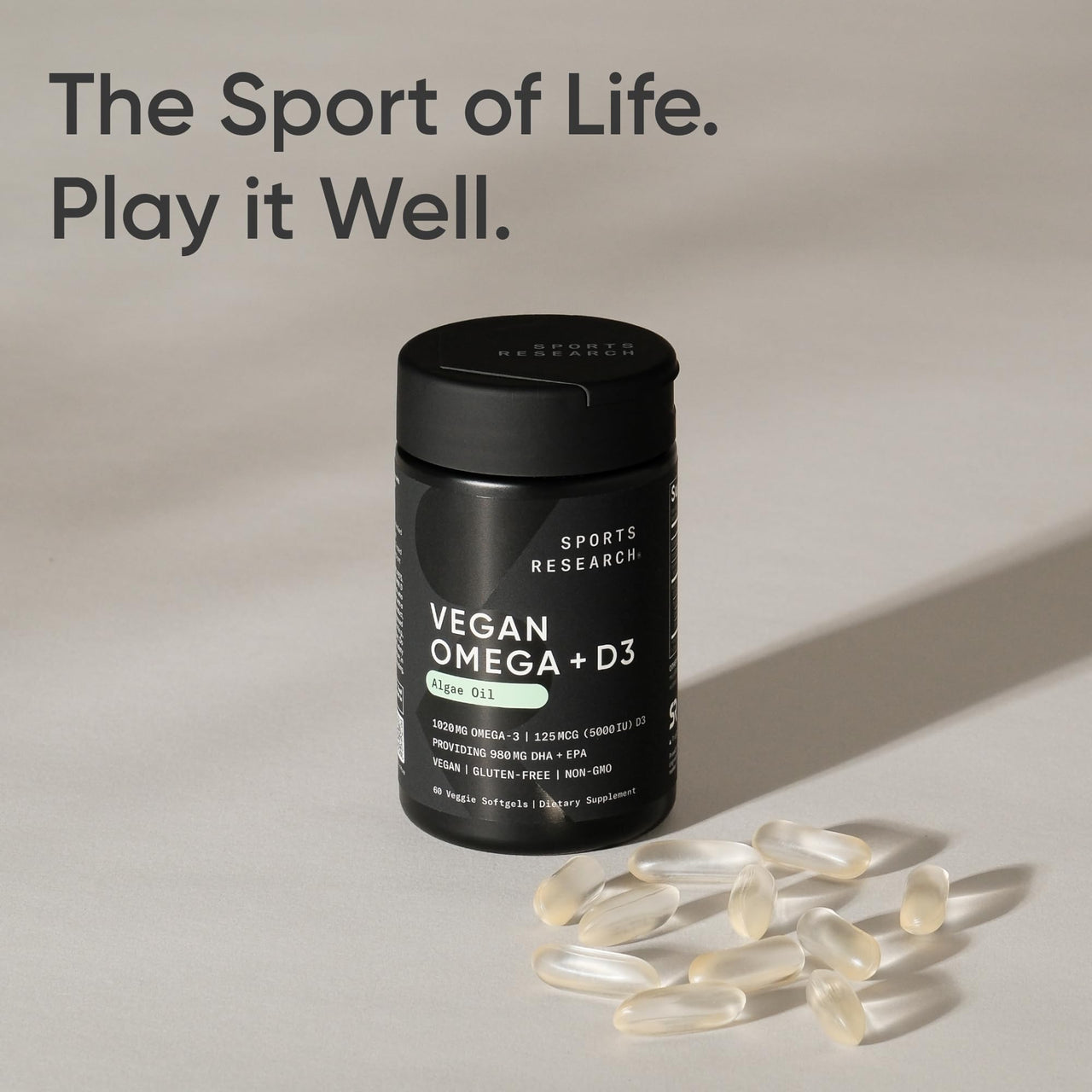 Sports Research Vegan Omega-3 with Vitamin D3 Softgels - 1020mg Omega-3 & 5000iu D3 Supplement - Fish Oil Alternative with Vitamin D Plant-Based Support from Algae Oil - 60 Veggie Softgels for Adults