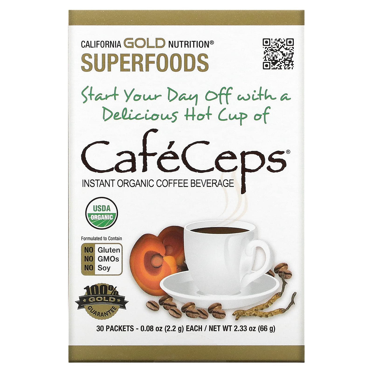 California Gold Nutrition CafeCeps, Certified Organic Instant Coffee with Cordyceps, and Reishi Mushroom Powder, 30 Packets, 0.08 oz (2.2 g) Each
