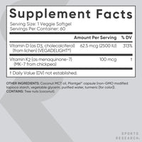 Thumbnail for Sports Research® Vitamin D3 + K2 w/Coconut Oil - Vegan Vitamin D 2500iu (62.5mcg) & Mk7 Vitamin K 100mcg for Bone & Immune Support - Vegan Certified · Non-GMO · Soy Free - 60 Softgels