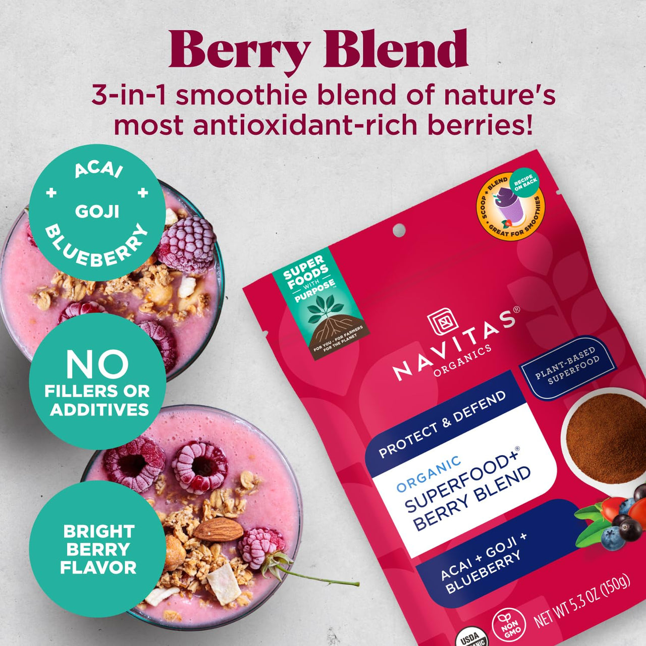 Navitas Organics Superfood+ for Immune Support (Acai + Goji + Blueberry), Bag, 30 Servings Organic, Non-GMO, Vegan, Gluten-Free, Keto & Paleo, Berry Blend, 5.3 Oz